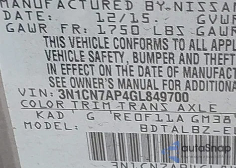 2016 Nissan Versa 1.6 S/1.6 S+/1.6 Sl/1.6 Sv z USA, uszkodzony, nr VIN 3N1CN7AP4GL849700